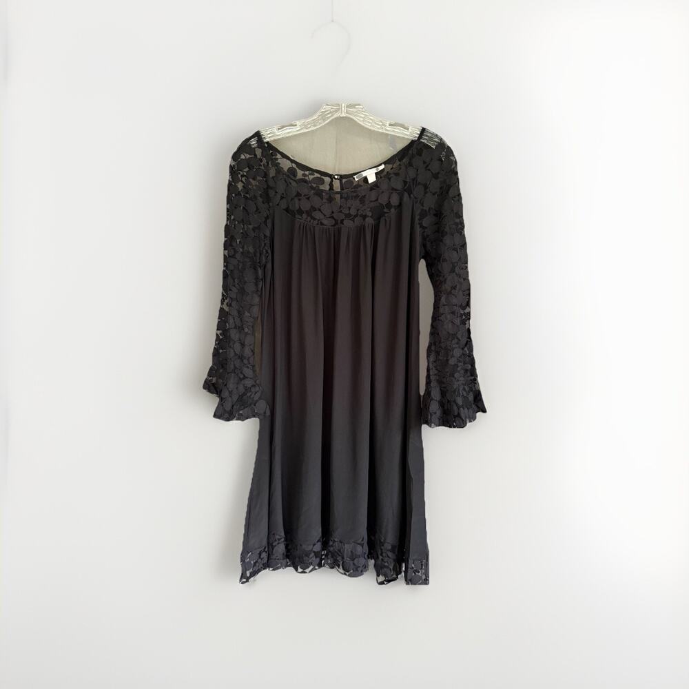 Rebecca Taylor Black Silk Dress Romantic Goth Lace Bell Sleeves Women's‎ Size 8
